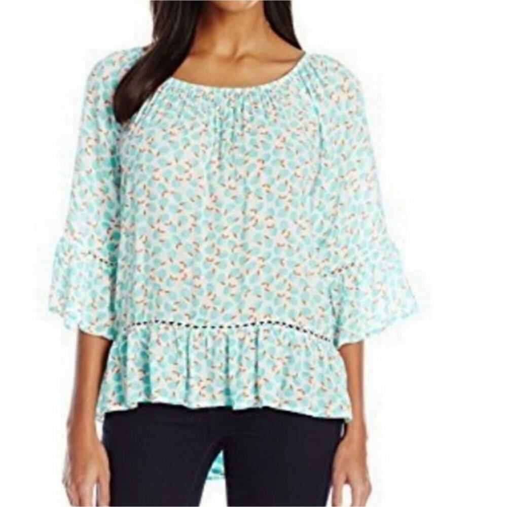 Democracy Womens Boho Top Size Medium Off Shoulder Blouse Pullover Apple Novelty